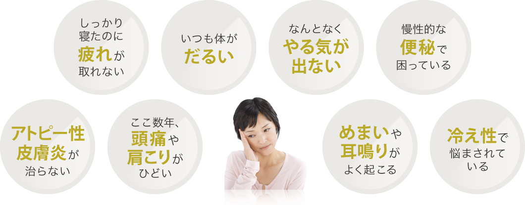 しっかり 寝たのに疲れが取れない いつも体がだるい なんとなくやる気が出ない 慢性的な便秘で困っている アトピー性皮膚炎が治らない ここ数年、頭痛や肩こりがひどい めまいや耳鳴りがよく起こる 冷え性で悩まされている