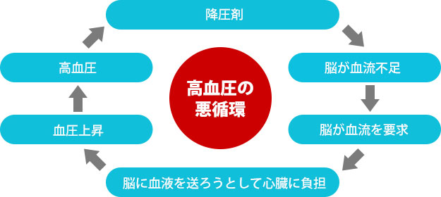 降圧剤　脳が血流不足 脳が血流を要求 脳に血液を送ろうとして心臓負担 血圧上昇 高血圧 高血圧の悪循環