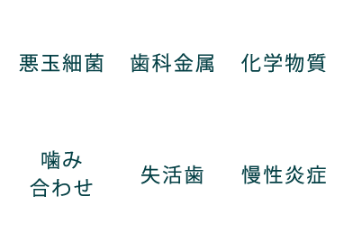 「悪玉細菌」「歯科金属」「化学物質」「噛み合わせ」「失活歯」「慢性炎症」etc...